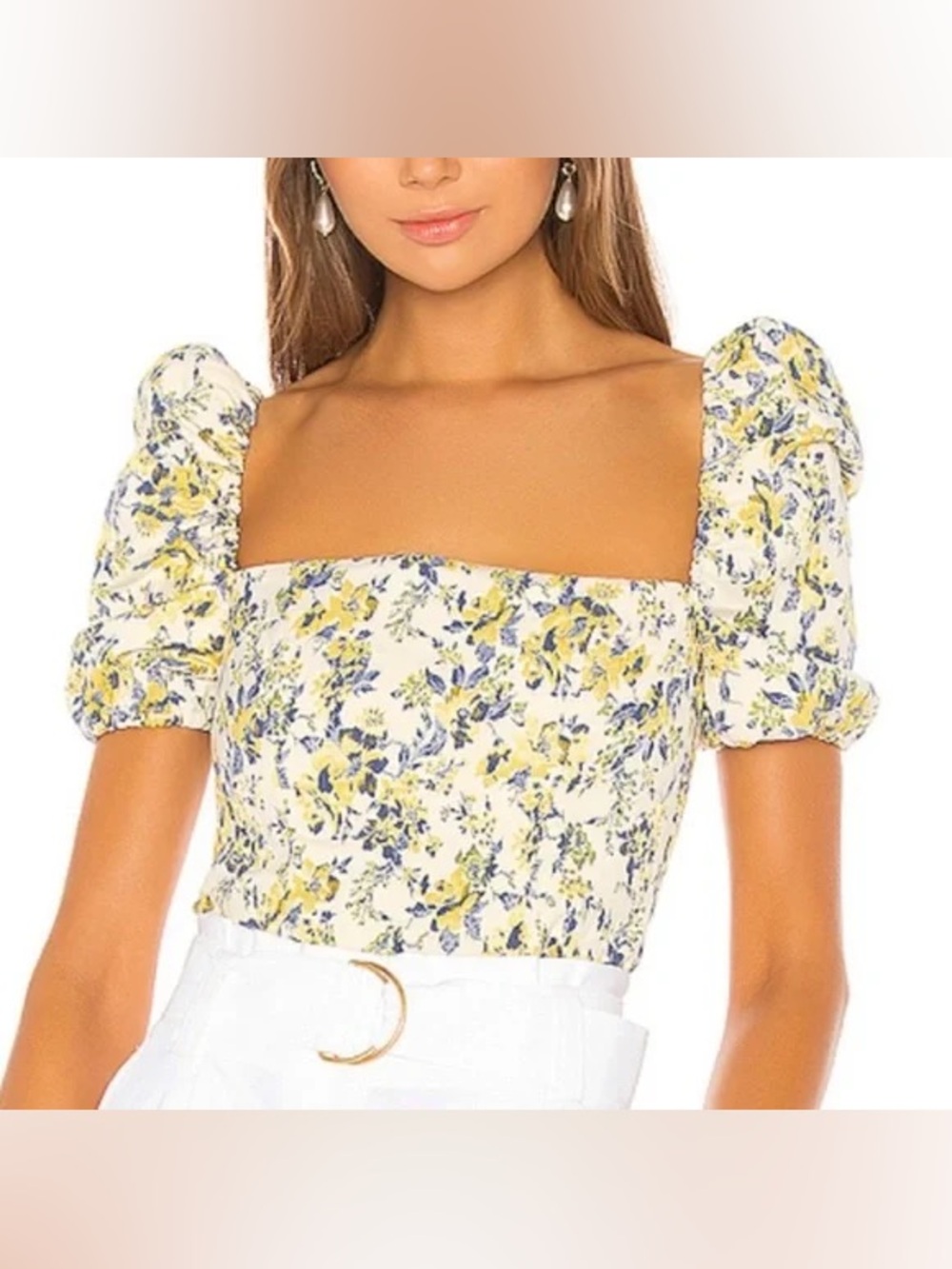 Square Neck Puff Sleeve Floral Crop Top - Yellow/Blue
